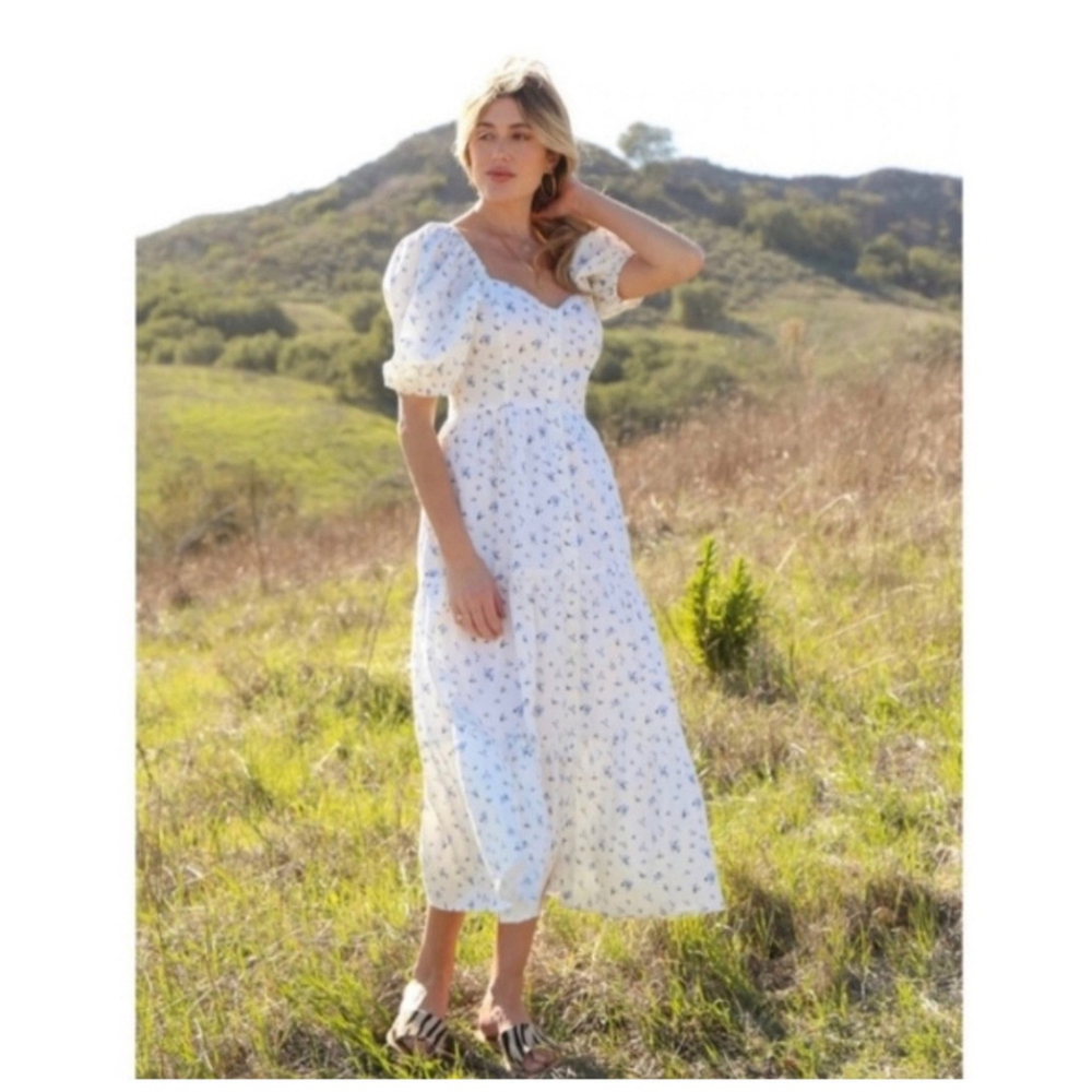 Rahi Anthropologie Ditzy Floral White Blue Cotton Midi Dress Size S